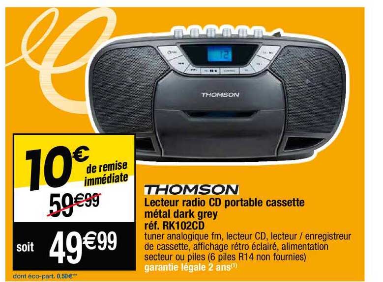lecteur radio cd portable cassette métal dark grey thomson