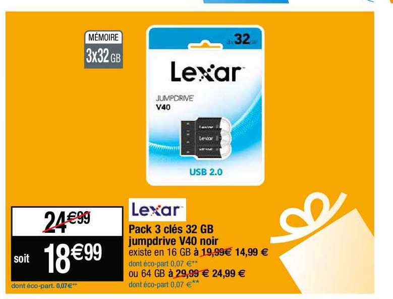 pack 3 clés 32 gb jumpdrive v40 noir lexar