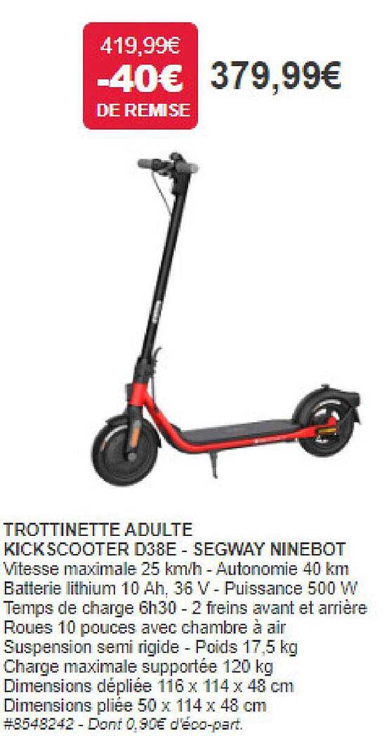 trottinette adulte kick scooter d38e - segway ninebot