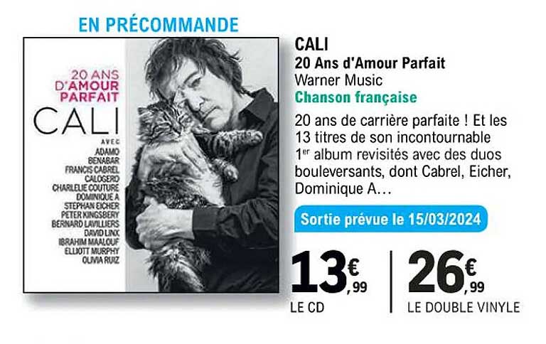 cali 20 ans d'amour parfait - warner music - chanson française