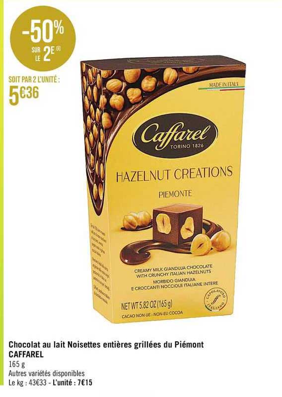 chocolat au lait noisettes entières grillées du piémont caffarel