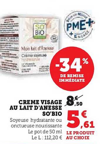 crème visage au lait d'anesse so'bio