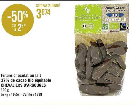 friture chocolat au lait 37% de cacao bio équitable chevaliers d'argouges