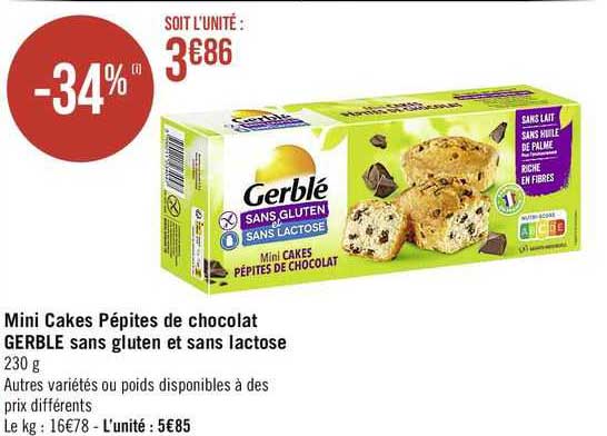 mini cakes pépites de chocolat gerblé sans gluten et sans lactose