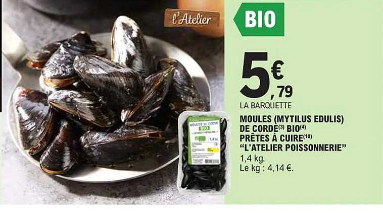 moules (mytilus edulis) de corde bio prêtes à cuire "l'atelier poissonnerie"