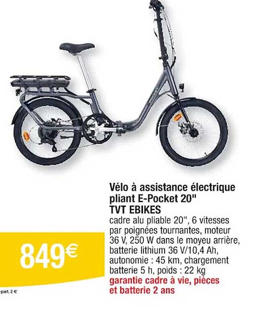 vélo à assistance électrique pliant e-pocket 20" tvt ebikes