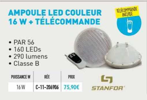 ampoule led couleur 16 w + télécommande stanfor