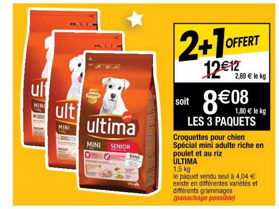 croquettes pour chien spécial mini adulte riche en poulet et au riz ultima