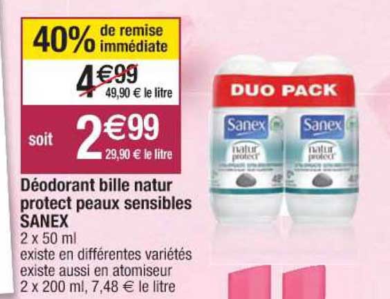 déodorant bille natur protect peaux sensibles sanex