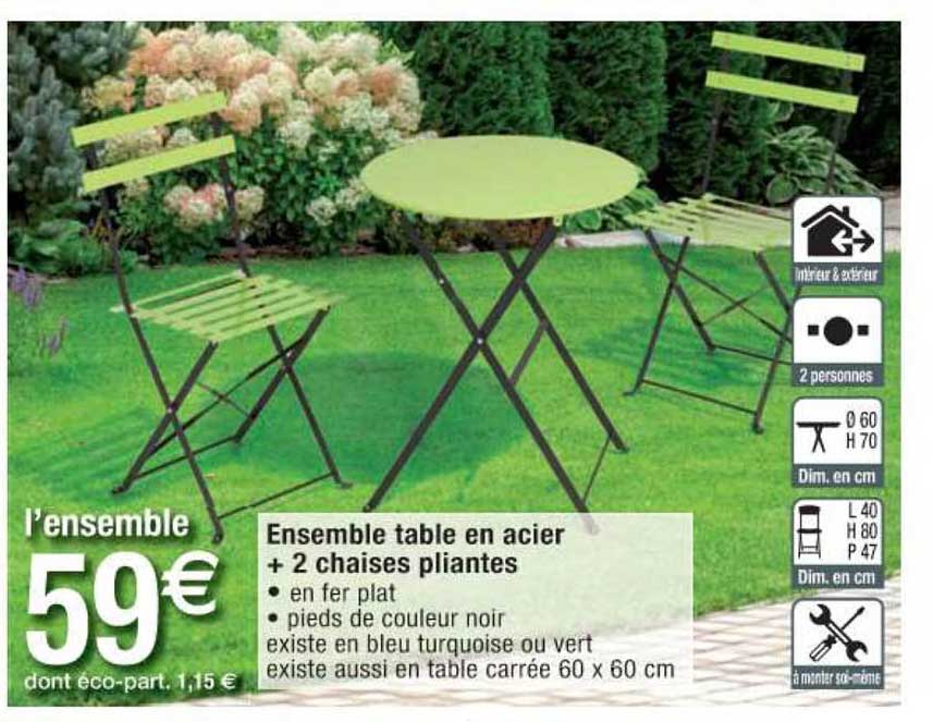 ensemble table en acier + 2 chaises pliantes