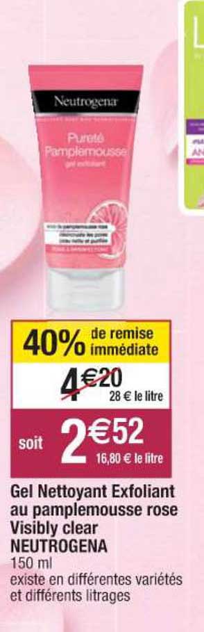 gel nettoyant exfoliant au pamplemousse rose visibly clear neutrogena