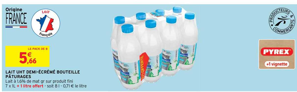 lait uht demi-écrémé bouteille pâturages