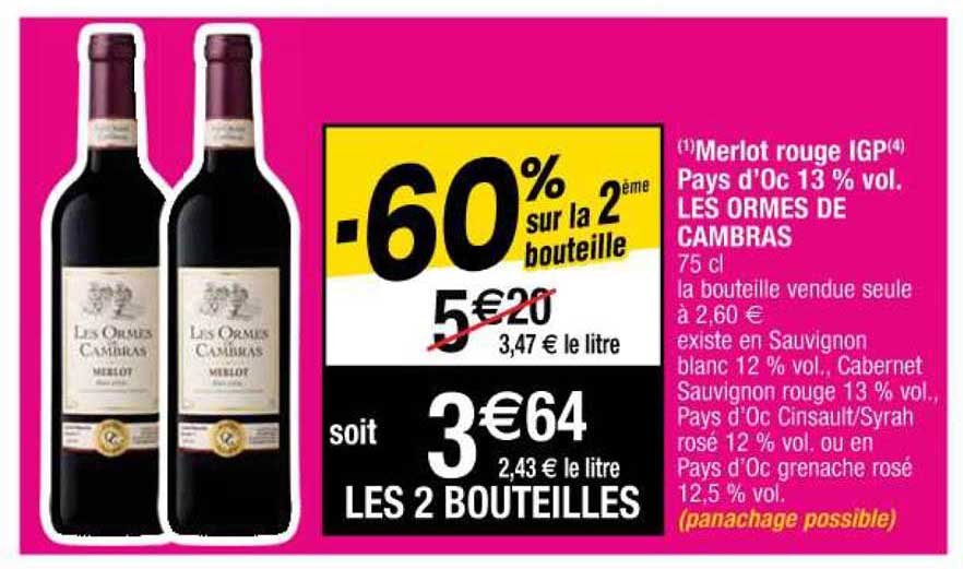 merlot rouge igp pays d'oc 13% vol. les ormes de cambras