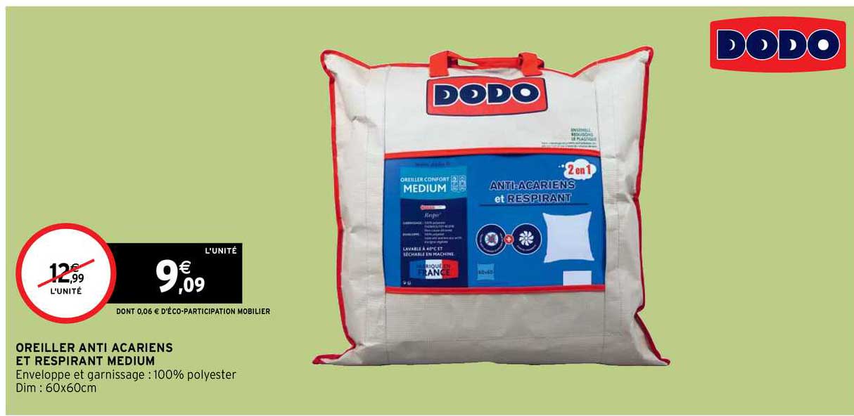 oreiller anti acariens et respirant medium dodo