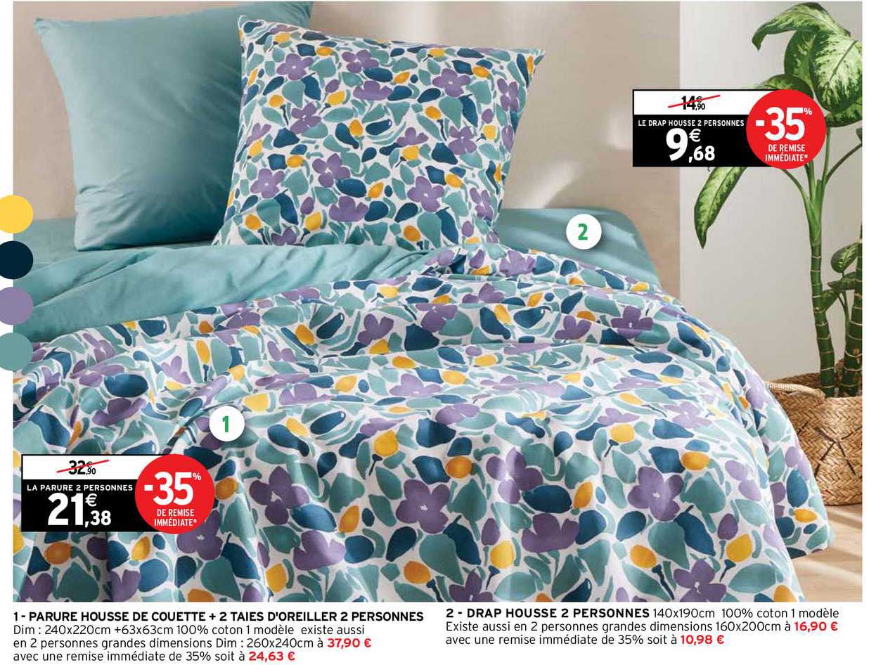 parure housse de couette + 2 taies d'oreiller 2 personnes, drap housse 2 personnes