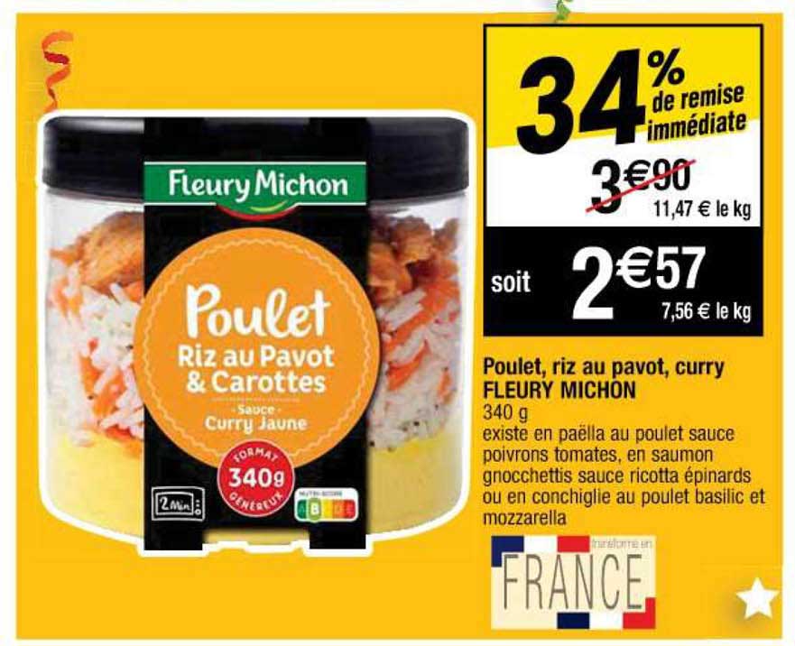 poulet, riz au pavot, curry fleury michon