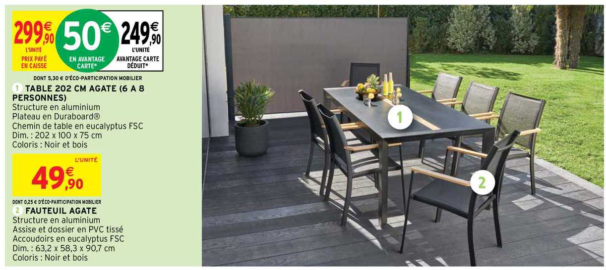 table 202 cm agate ( 6 à 8 personnes), fauteuil agate