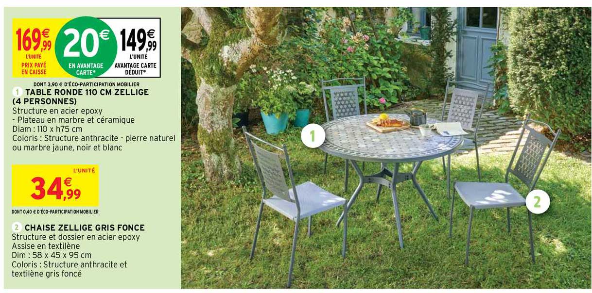 table ronde 110 cm zellige (4 personnes), chaise zellige gris foncé