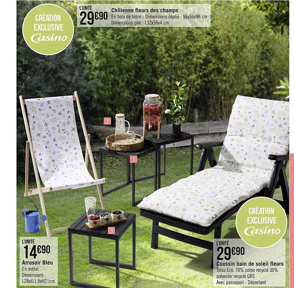 chilienne fleurs des champs, arrosoir bleu, coussin bain de soleil fleurs