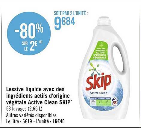 lessive liquide avec des ingrédients actifs d'origine végétale active clean skip
