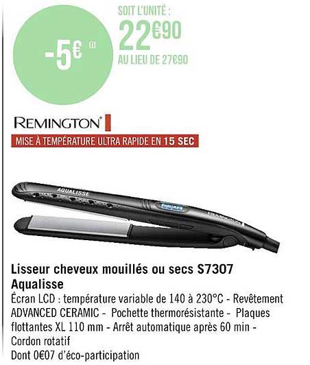 lisseur cheveux mouillés ou secs s7307 aqualisse remington