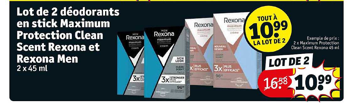 lot de 2 déodorants en stick maximum protection clean scent rexona et rexona men
