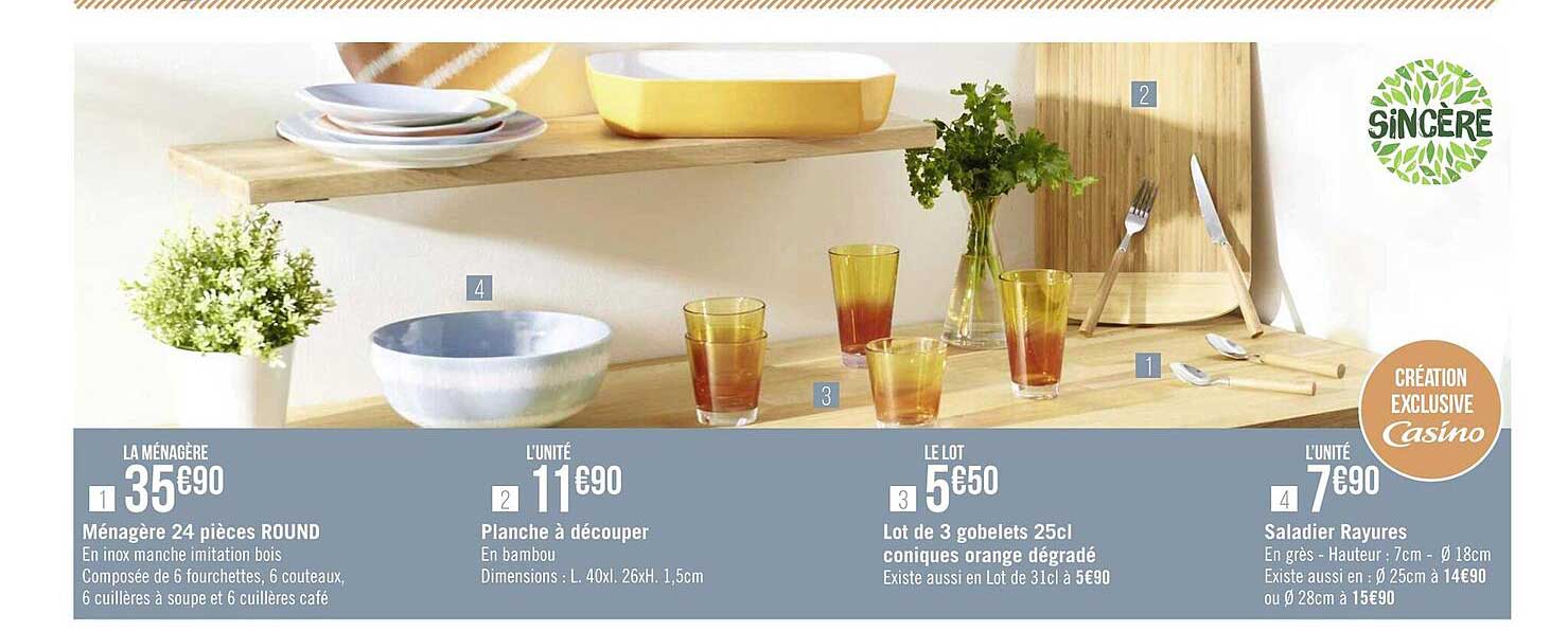 ménagère 24 pièces round, planche à découper, lot de 3 gobelets 25 cl coniques orange dégradé, saladier rayures sincère