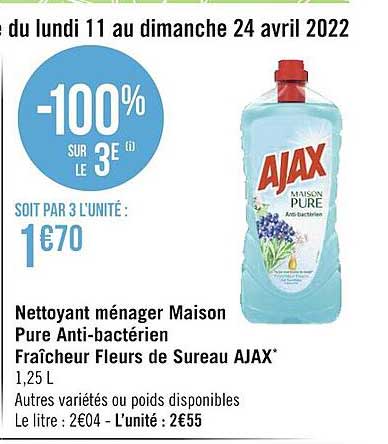 nettoyant ménager maison pure anti-bactérien fraîcheur fleurs de sureau ajax