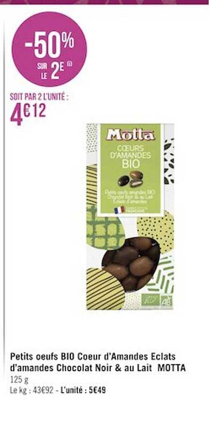 petits oeufs bio cœur d'amandes éclats d'amandes chocolat noir & au lait motta