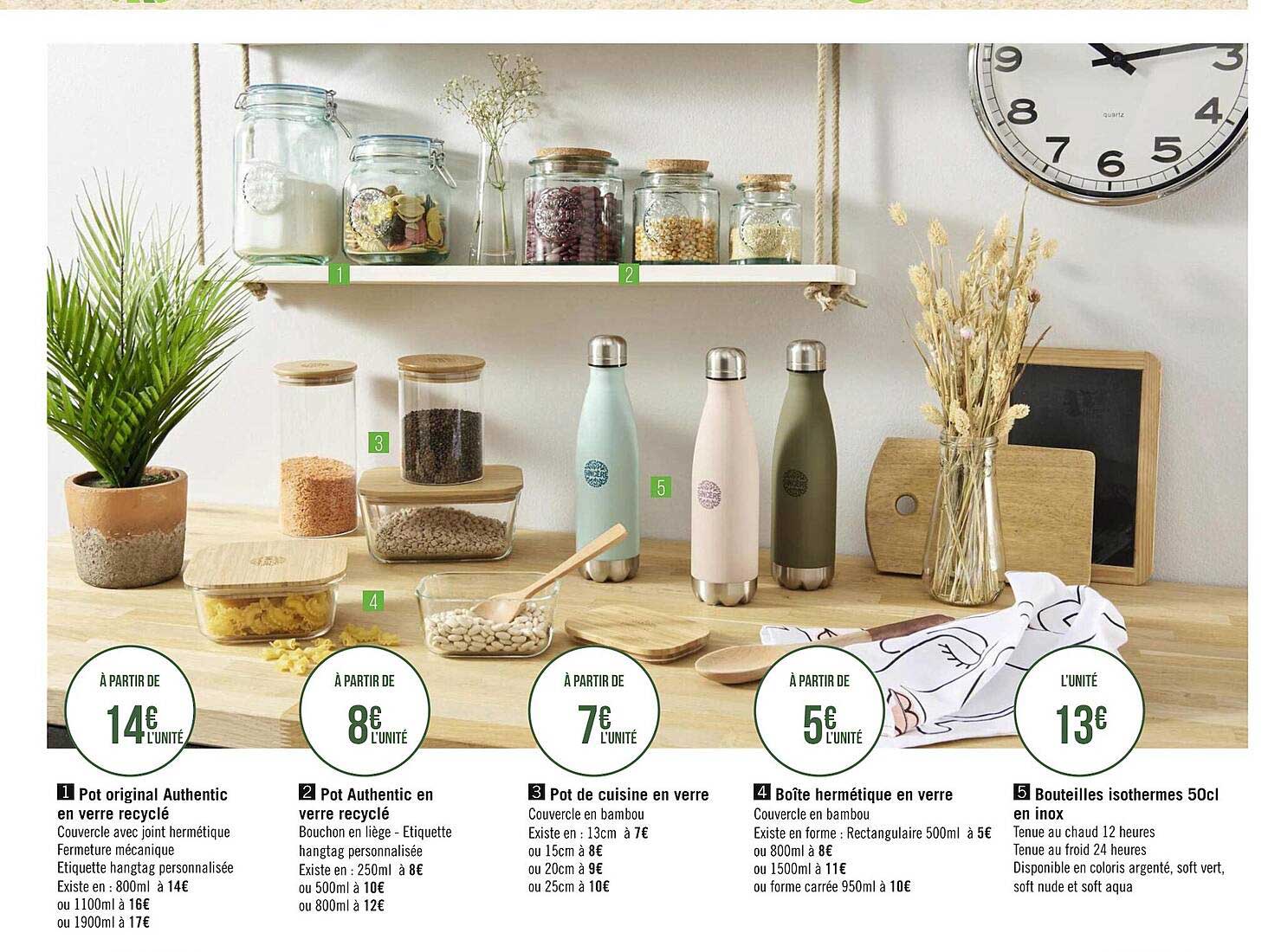 pot original authentic en verre recyclé, pot authentic en verre recyclé, pot de cuisine en verre, boîte hermétique en verre, bouteilles isothermes 50cl en inox