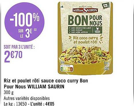 riz et poulet rôti sauce coco curry bon pour nous william saurin