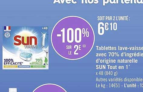 tablette lave-vaisselle avec 70% d'ingrédient d'origine naturelle sun tout en 1