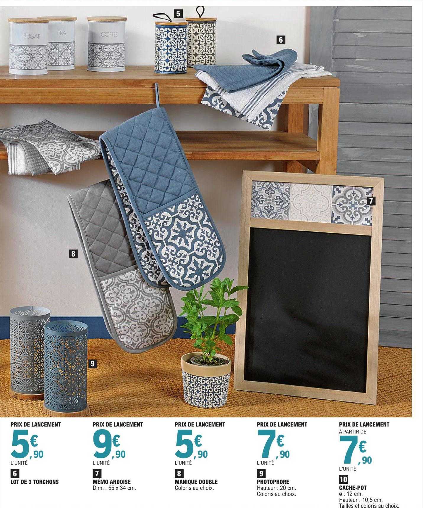 lot de 3 torchons, mémo ardoise, manique double, photophore, cache-pot