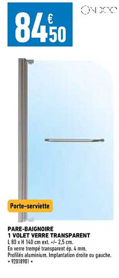 pare-baignoire 1 volet verre transparent