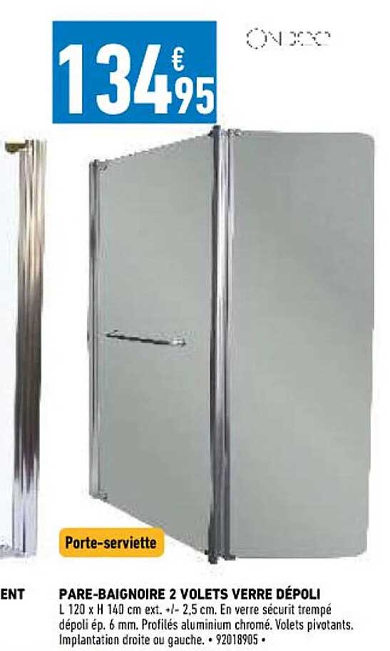 pare-baignoire 2 volets verre dépoli