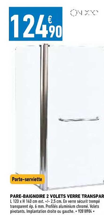 pare-baignoire 2 volets verre transparent