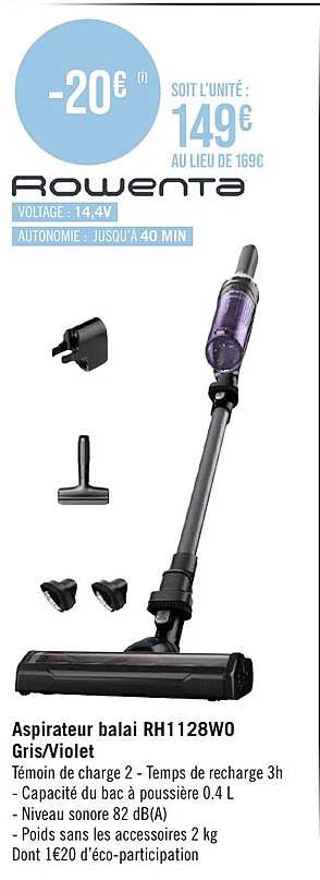 aspirateur balai rh1128w0 gris violet rowenta