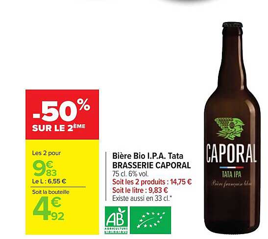 bière bio i.p.a. tata brasserie caporal -50% sur le 2ème