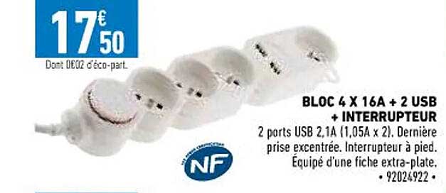 bloc 4 x 16A + 2 usb + interrupteur