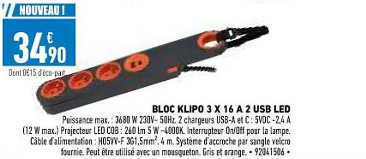 bloc klipo 3 x 16A 2 usb led