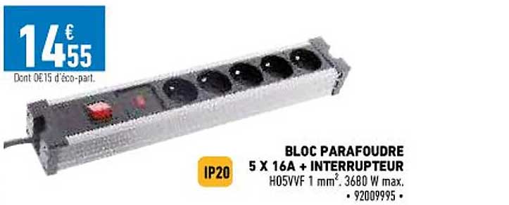 bloc parafoudre 5 x 16A + interrupteur