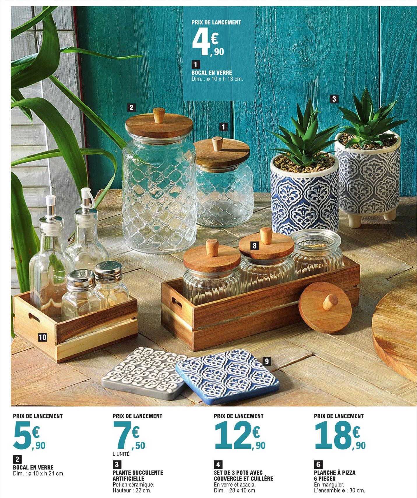 bocal en verre, plante succulente artificielle, set de 3 pots avec couvercle et cuillère, planche à pizza 6 pièces