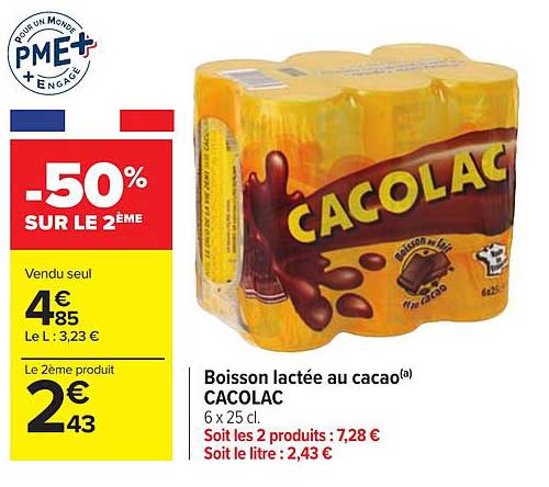 boisson lactée au cacao cacolac -50% sur le 2ème