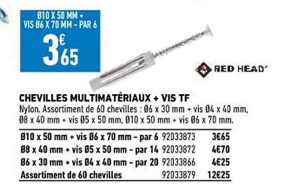 chevilles multi matériaux + vis tf  red head