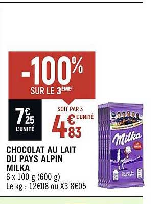 chocolat au lait du pays alpin milka -100% sur le 3ème