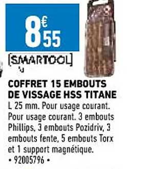 coffret 15 embouts de vissage hss titane smartool