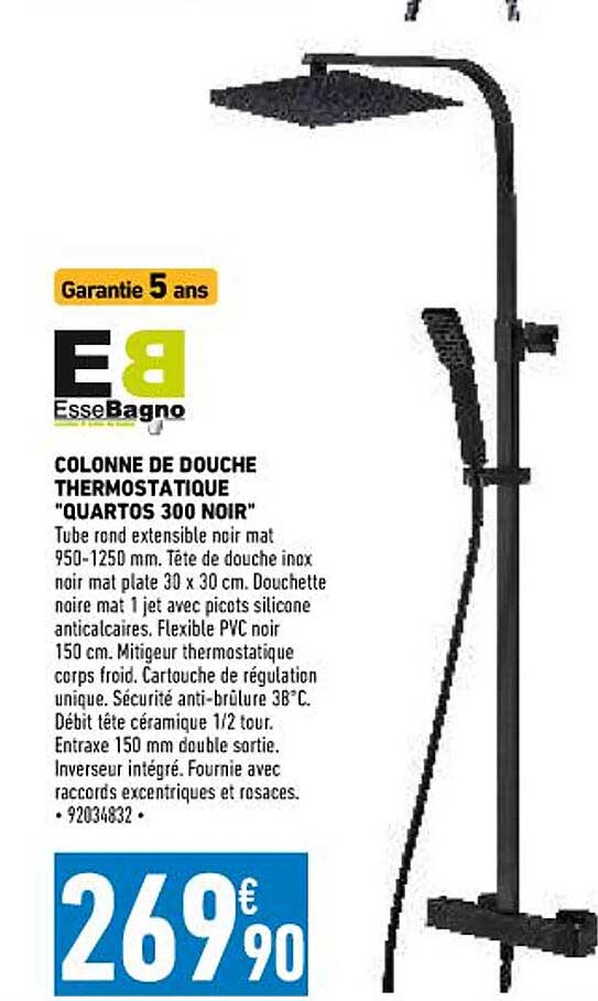 colonne de douche thermostatique "quartos 300 noir" essebagno