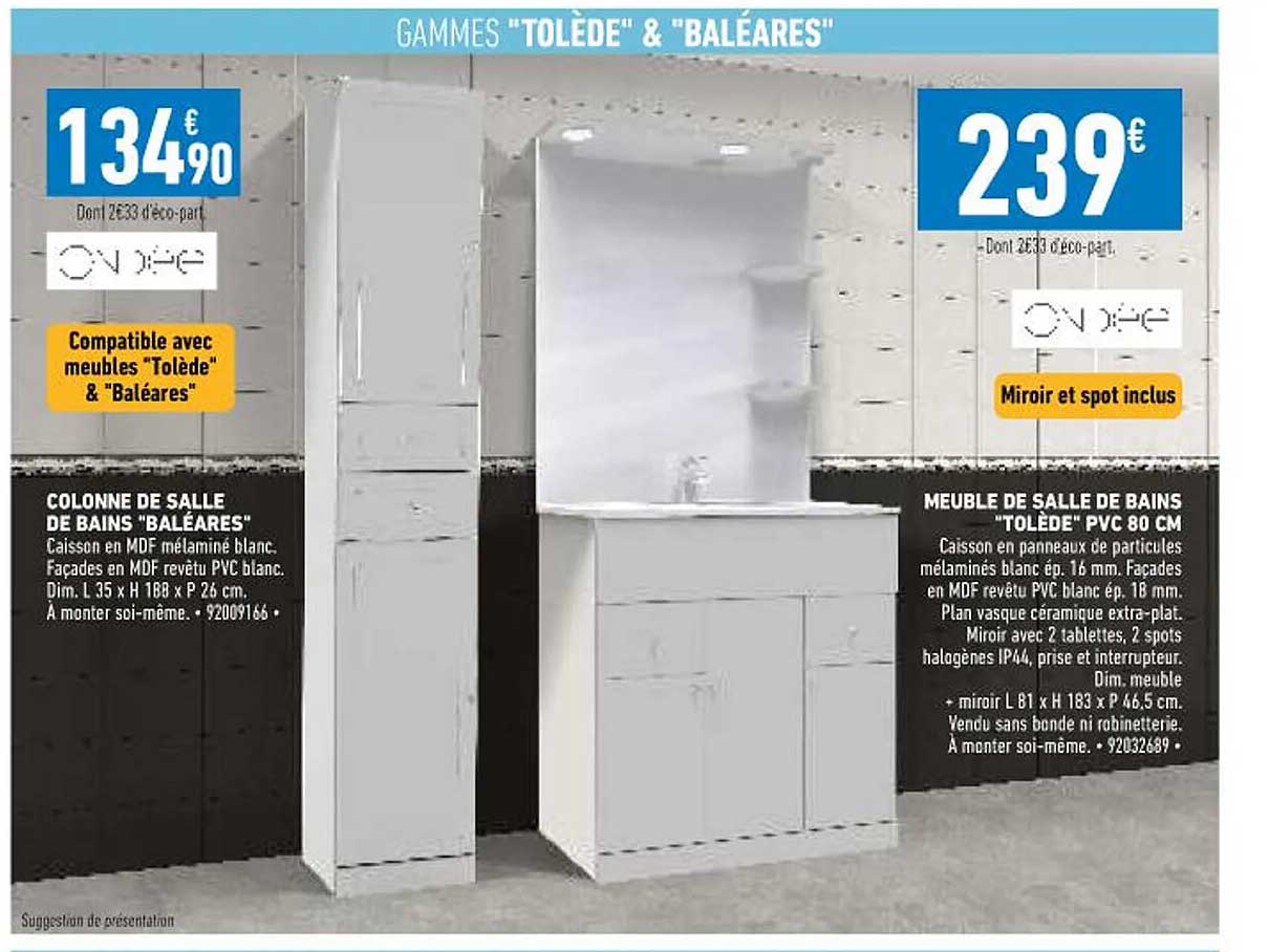 colonne de salle de bains "baléares", meuble de salle de bains "tolède" pvc 80 cm