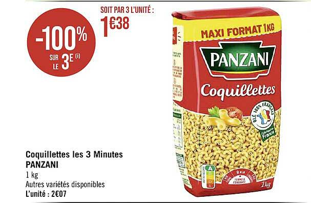 coquillettes les 3 minutes panzani -100% sur le 3e