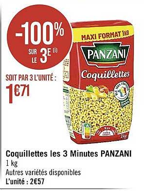 coquillettes les 3 minutes panzani -100% sur le 3e